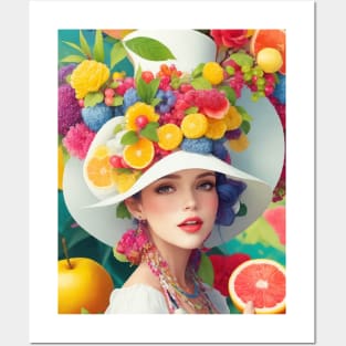 А woman with a white hat and some colorful fruity Posters and Art